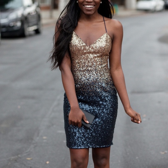 COCKTAIL STRAPPY BACKLESS NAVY TO GOLD OMBRE SEQUIN MINI DRESS - Picture 2 of 11